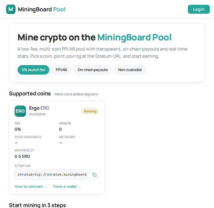 The Ergo coin card with the Stratum URL, copy button, and How to connect / Track a wallet links