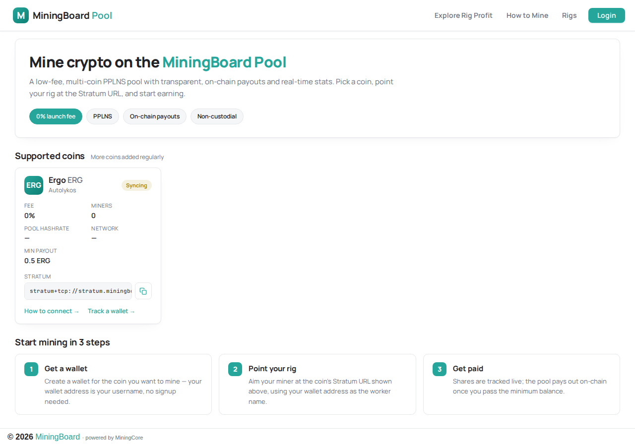 The MiningBoard Pool landing page showing supported coins and the 3-step start
